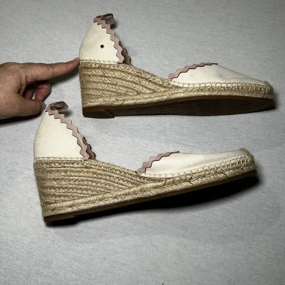 Kate Spade Cream Canvas Espadrille Wedges Scalloped Leather Trim Size 10